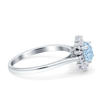 Art Deco Wedding Ring With Baguette And Round Simulated Aquamarine CZ Stones 925 Sterling Silver